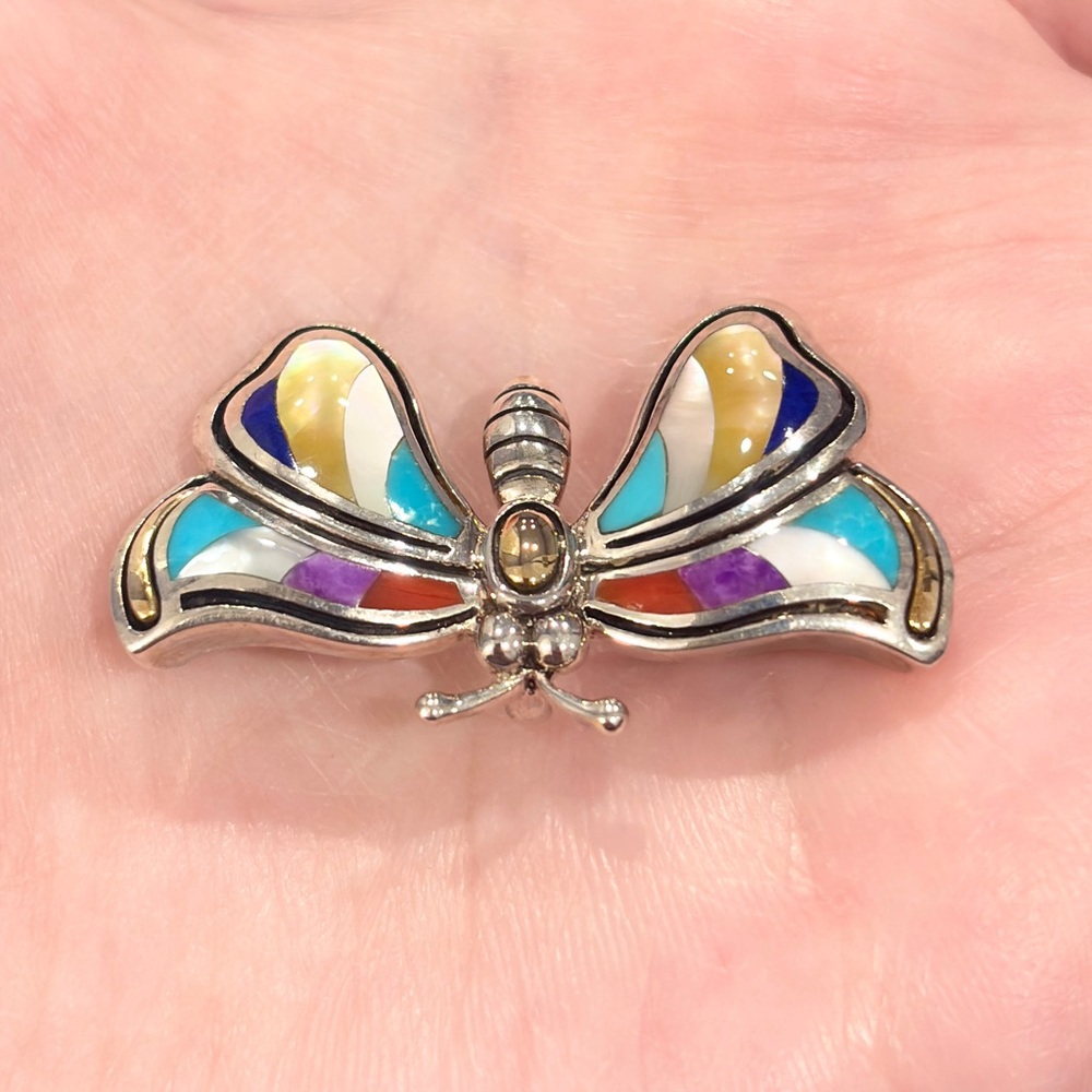 Grossbardt Southwestern Butterfly Pendant/Brooch, Colorful Inlay 925 18K Luxury - Picture 6 of 15